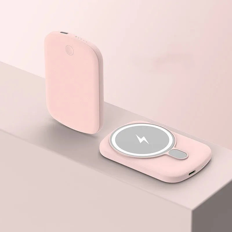 Magsafe magnetic wireless power bank in black, purple, pink, or white colour with creative design.