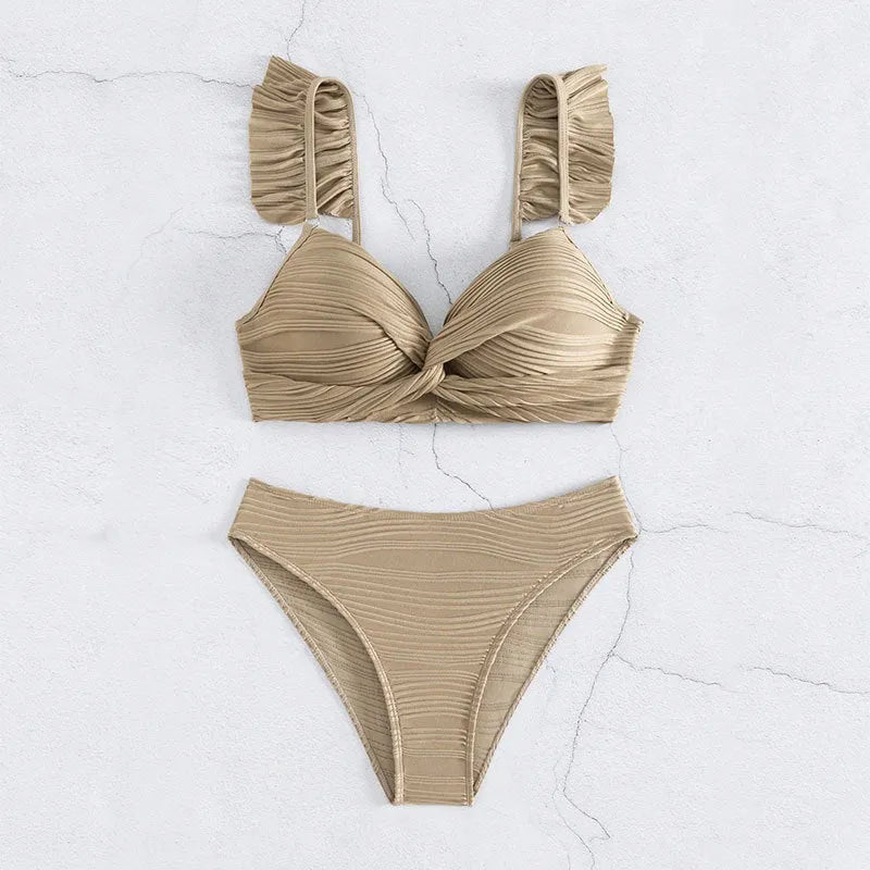 Women's solid colour bikini swimsuit in black or khaki polyester fabric