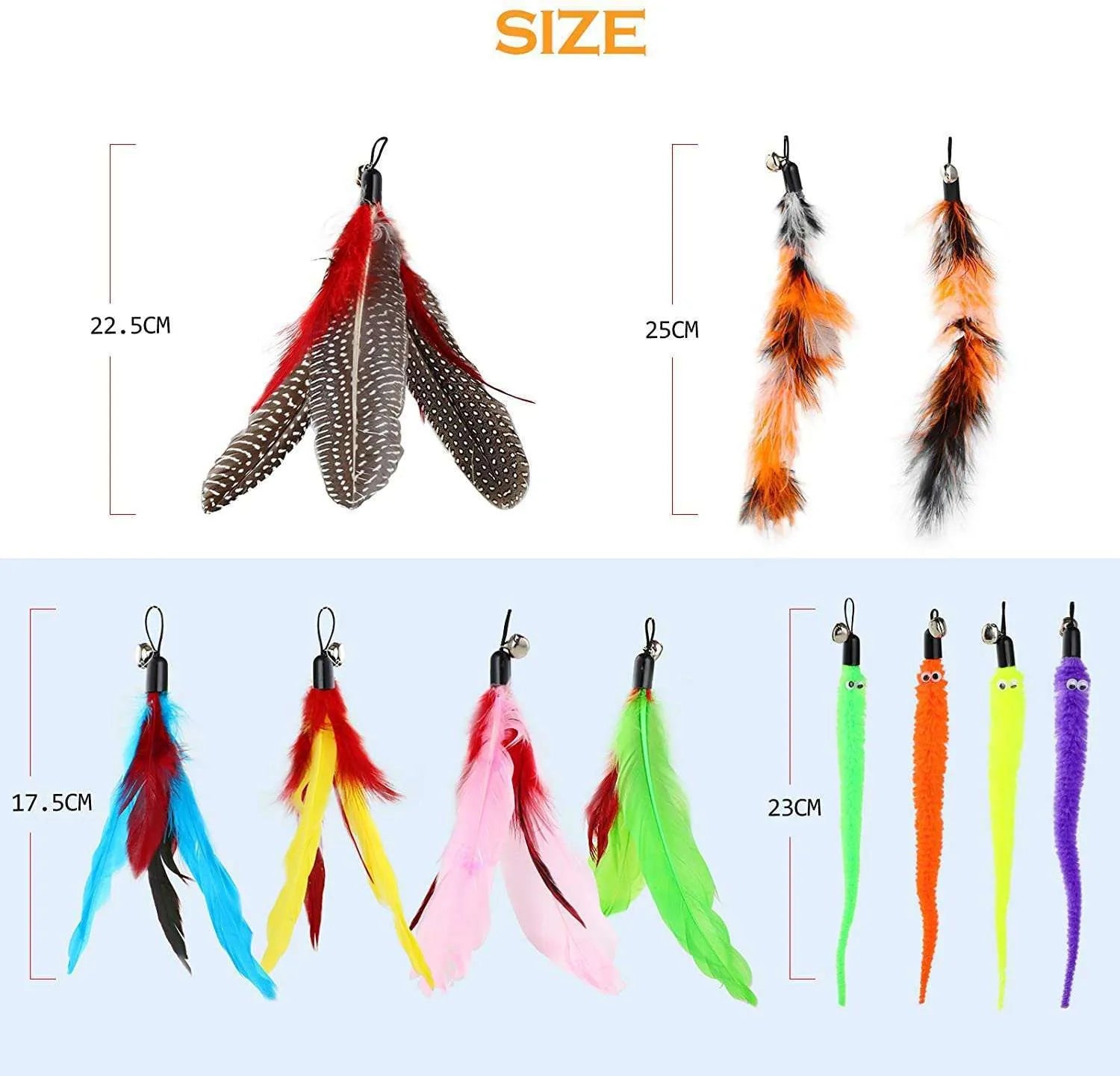 Cat teasing fishing rod toy with feather attachments, two poles and ten interchangeable heads