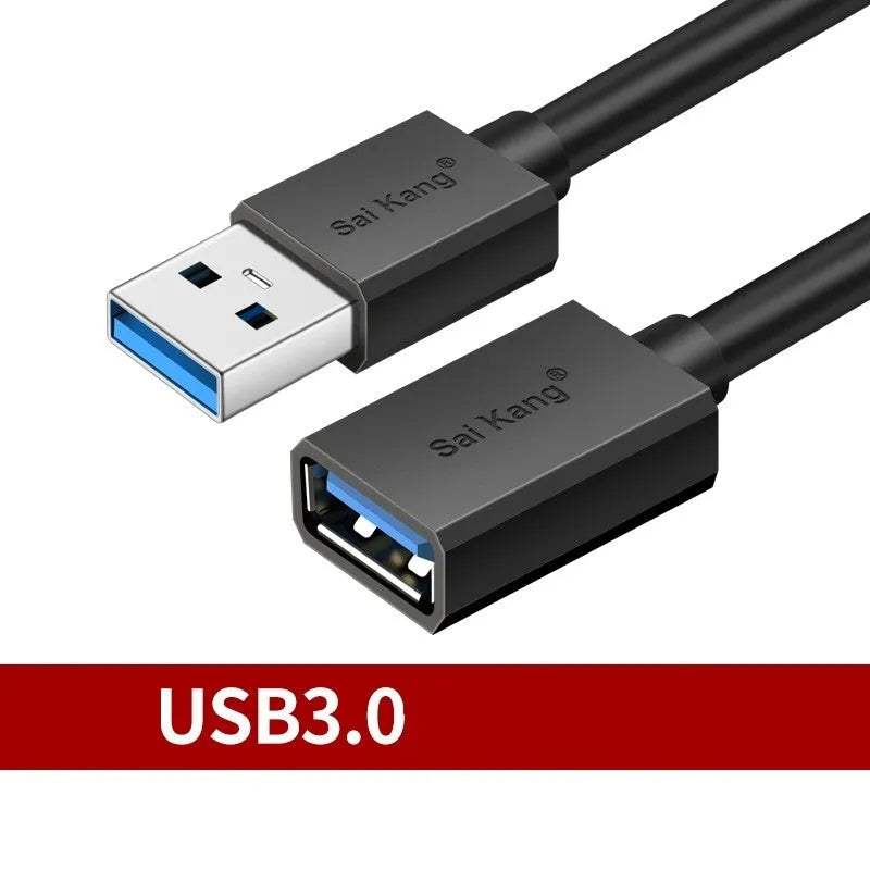Black USB extension cable with male and female connectors, shown at various lengths up to 5 metres.