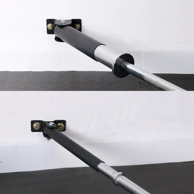 Wall-mounted steel rack with 25 tubes for storing barbells or rods.