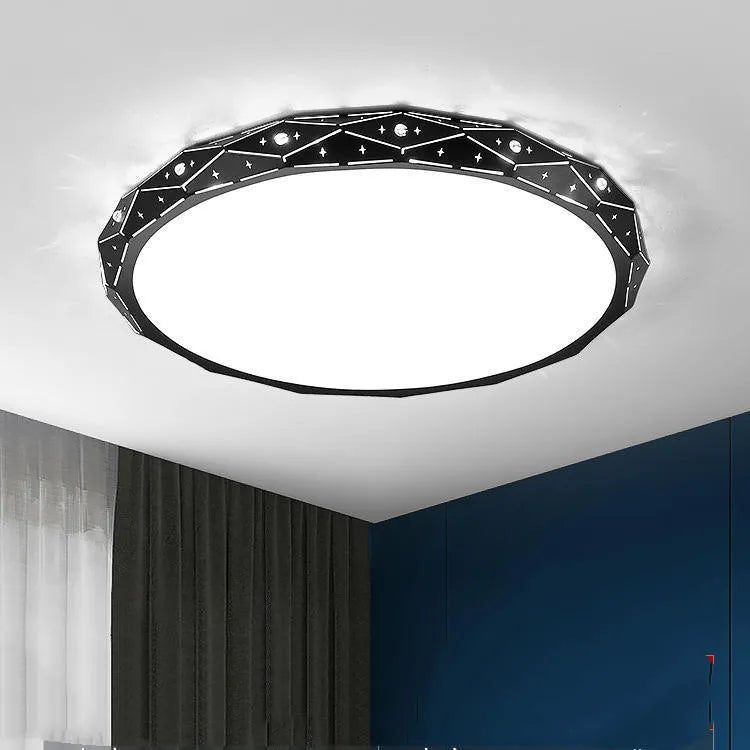 Round black iron frame LED ceiling light on a white ceiling.