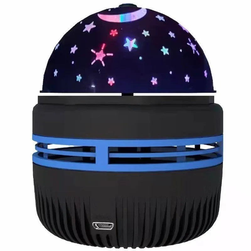 LED galaxy projector lamp with acrylic shade showing colourful rotating star patterns for bedroom or party use