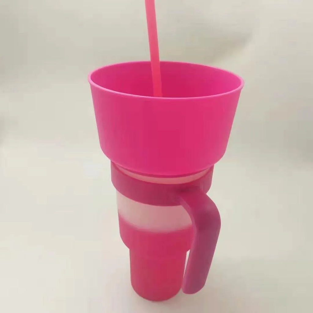Silicone snack cup with straw and handle, 901-1000ml, 26.7cm tall, in blue yellow orange green pink or colour-changing finish