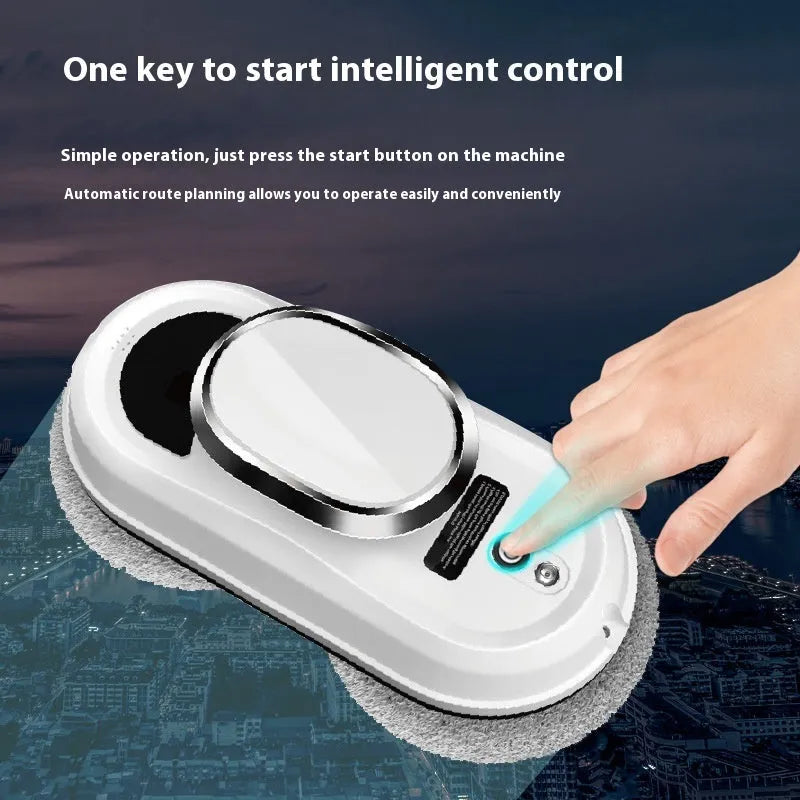 White full-automatic high-altitude cleaning machine with remote control and cleaning accessories.