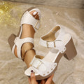 Plus size thick high heel sandals with buckle rivet closure in beige colour