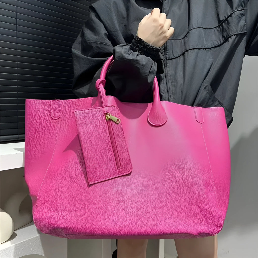 Ladies soft PU leather tote bag 60x32x22cm in urban minimalist style with pendant