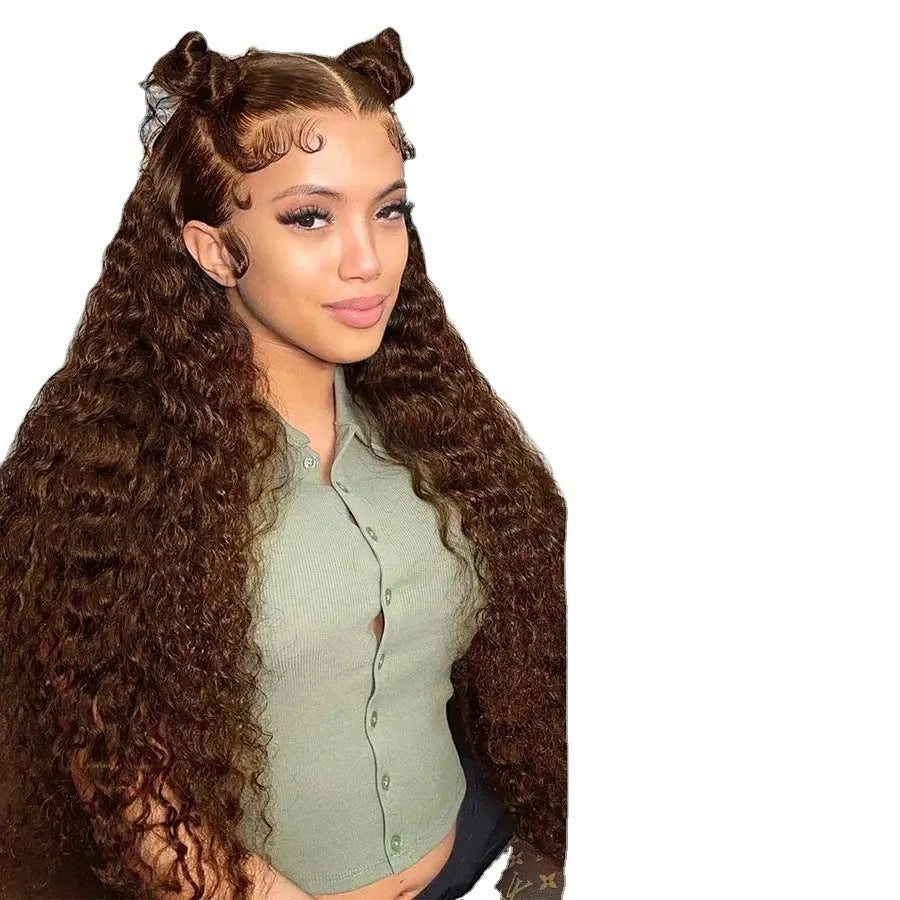 Women's front lace wig in long curly style with side bangs, small roll design, available in multiple colours and sizes