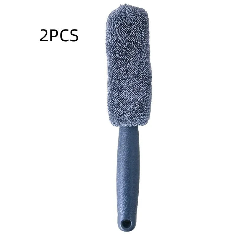 Blue microfiber car tyre brush with 29cm long handle for wheel cleaning