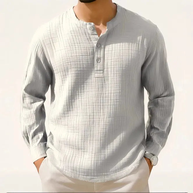 Long sleeve linen blend shirt with round neck and 3/4 sleeves in Army Green colour
