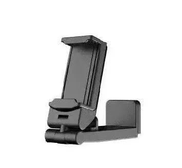 Foldable rotating phone holder in black with mobile phone attached showing adjustable angle mechanism