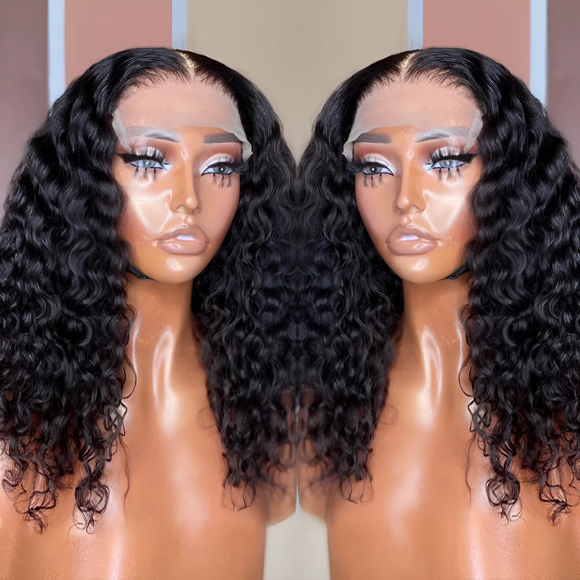 Deep wave lace front human hair wig with transparent curly texture and pre-plucked baby hair on a mannequin head