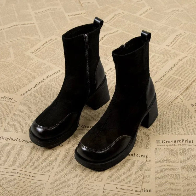 Black thick bottom chunky heel Martin boots for women with rubber sole, side view