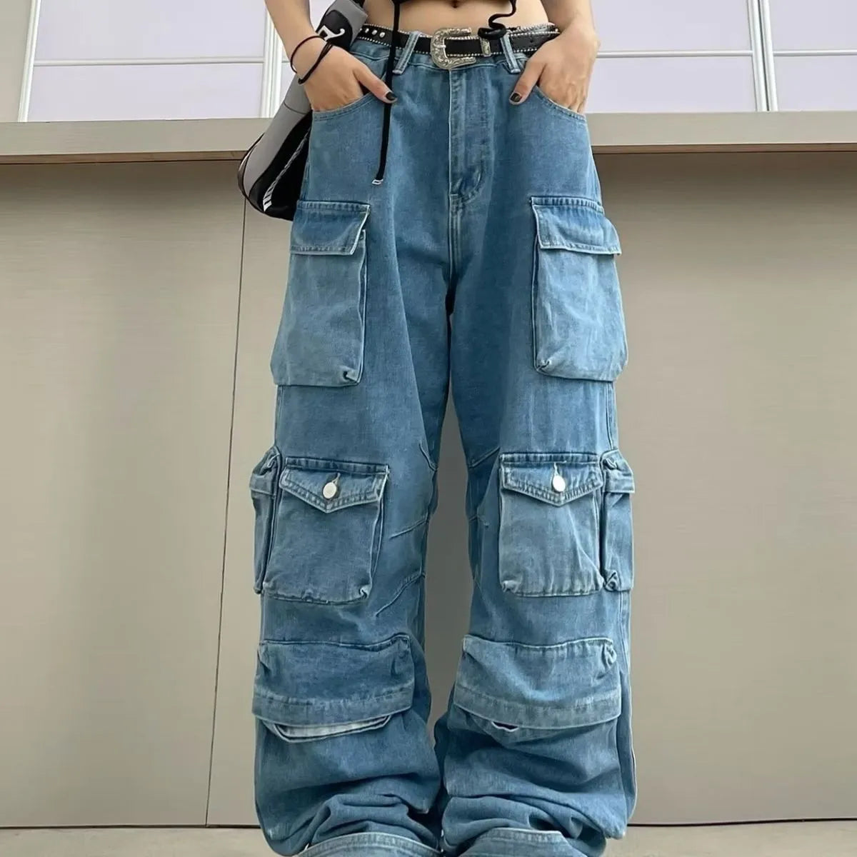 Women's high waist wide leg denim trousers with multiple pockets and tie-dye pattern in street hipster style