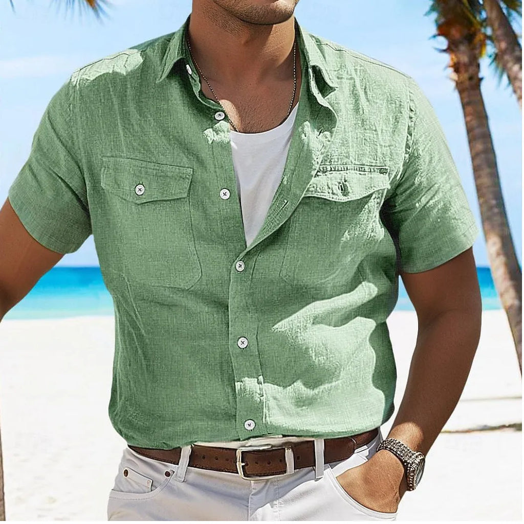 Men's loose light blue cotton casual shirt with long sleeves on a hanger
