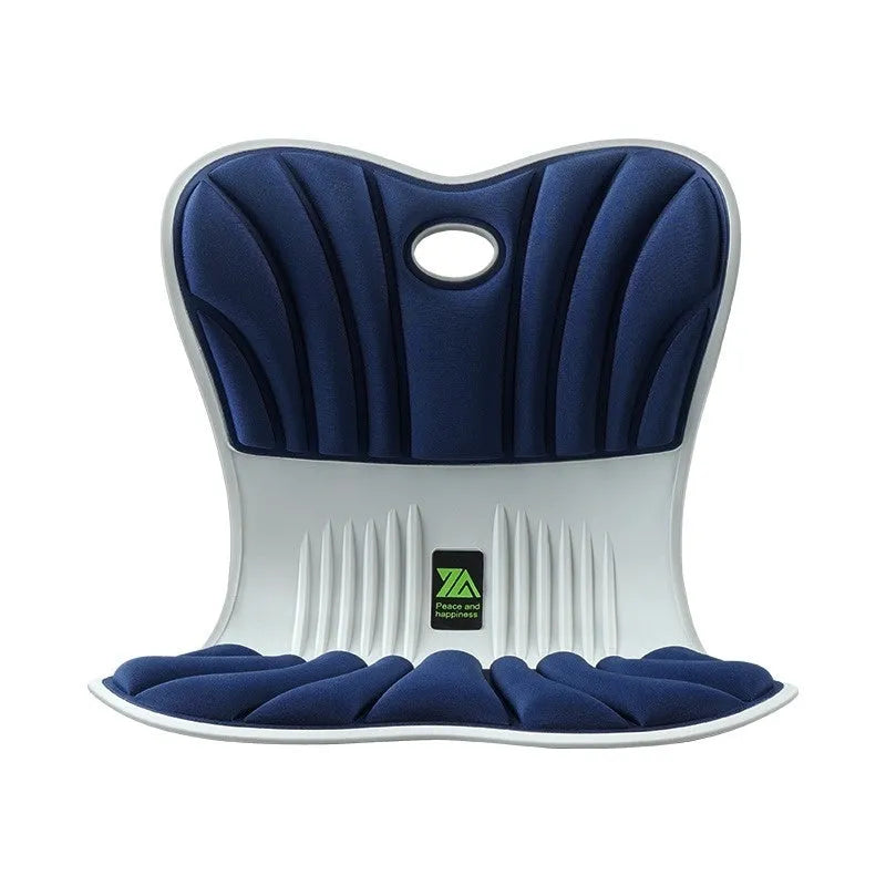 Grey ergonomic waist support cushion on office chair for posture correction