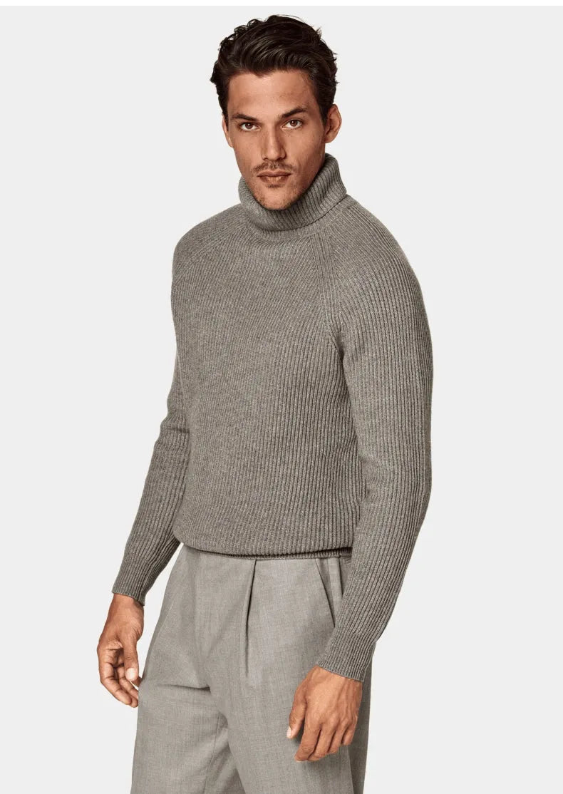 Men's cashmere high-neck knitted sweater in gray, long sleeve pullover, 100% cashmere