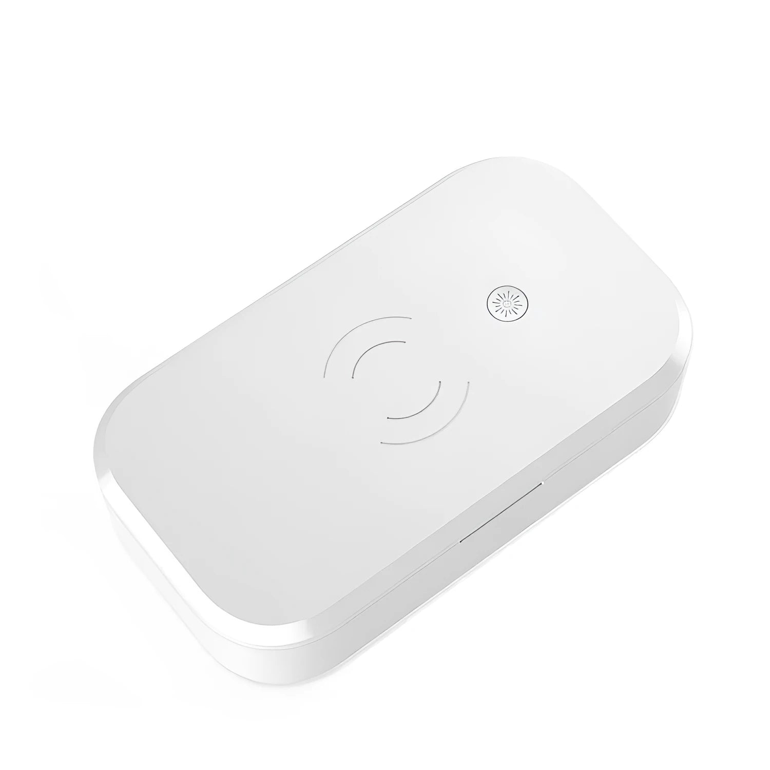 A white multifunctional UV disinfection box with wireless charging for mobile phones and nail tools.