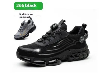 Men's lace-free steel toe protective work shoes in black with flat knitted upper and low top design