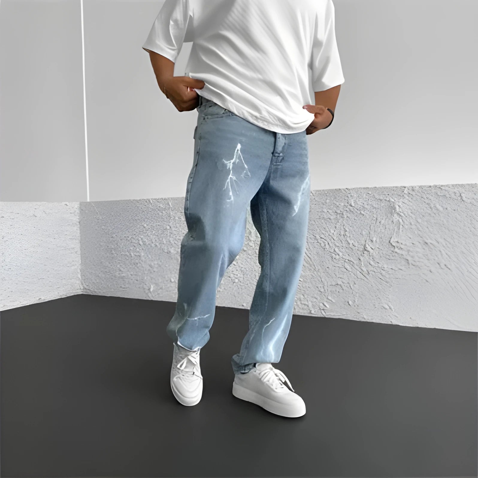 Men's blue straight-leg denim jeans with mid waist and zipper fly on solid background