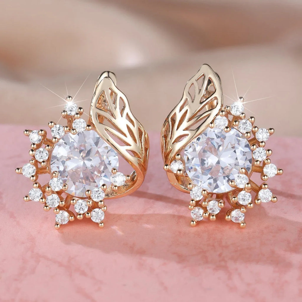 Round flower feather zircon drop earrings with champagne gold electroplate and coloured crystal settings.