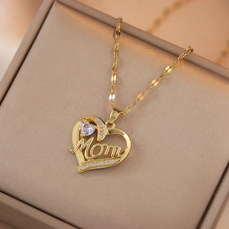 Heart-shaped pendant necklace with high-grade zircon on titanium steel chain, three colour options