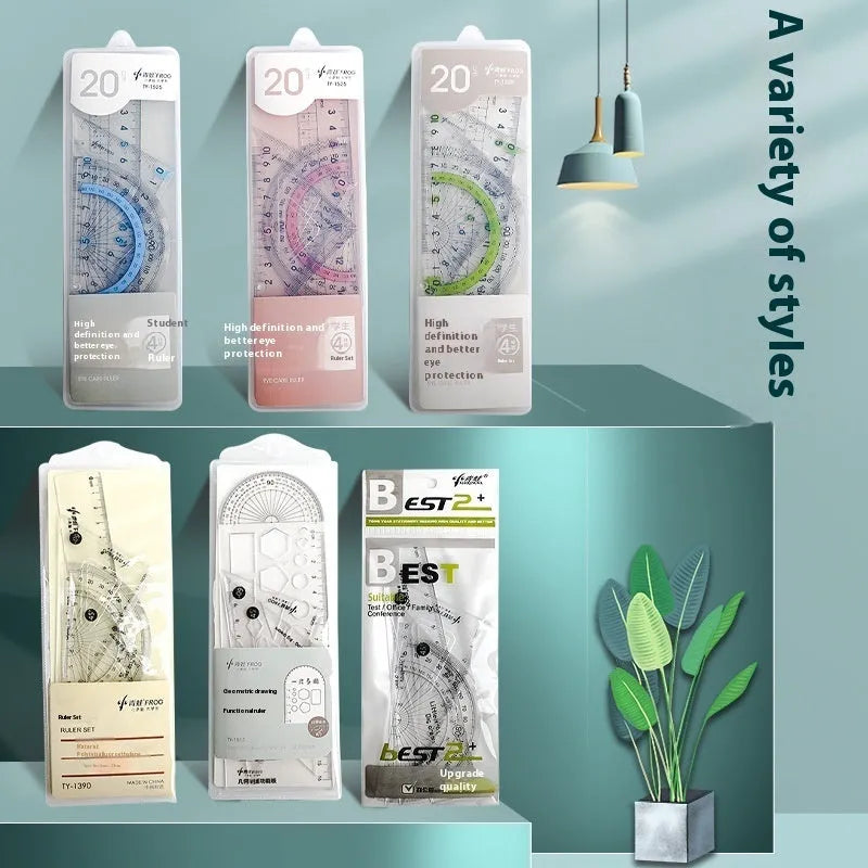 Youpai transparent acrylic drawing ruler set with square and protractor on a design sketch.