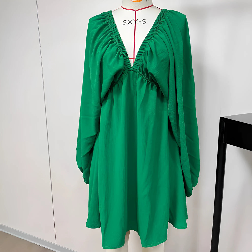 Women's apricot V-neck dress with puff sleeves and swing skirt design for office wear