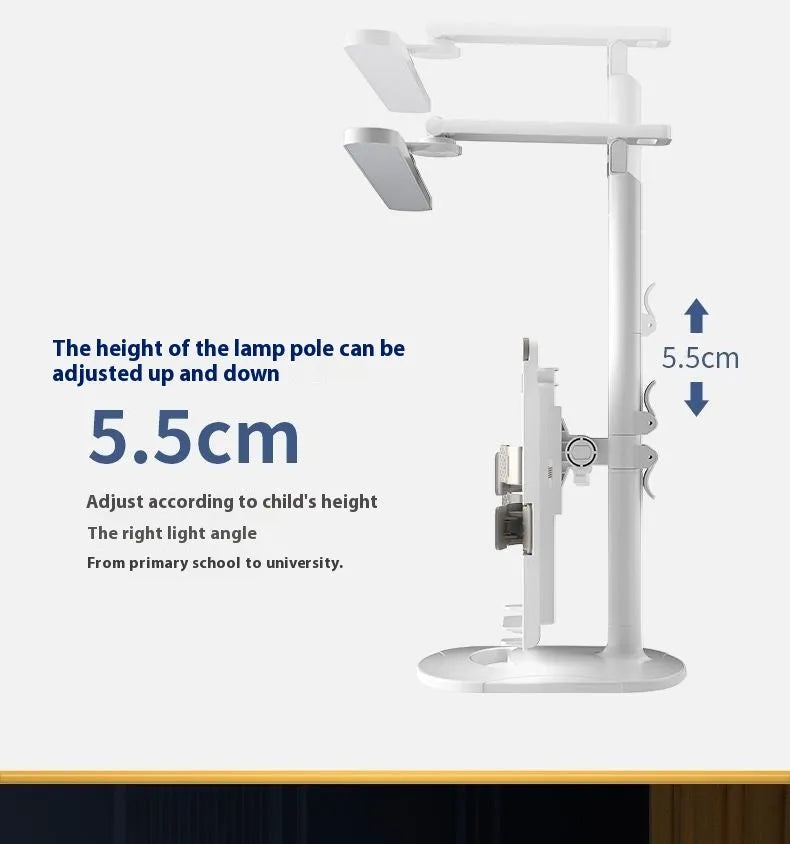Adjustable desk lamp with reading light showing three temperature settings and dual power options