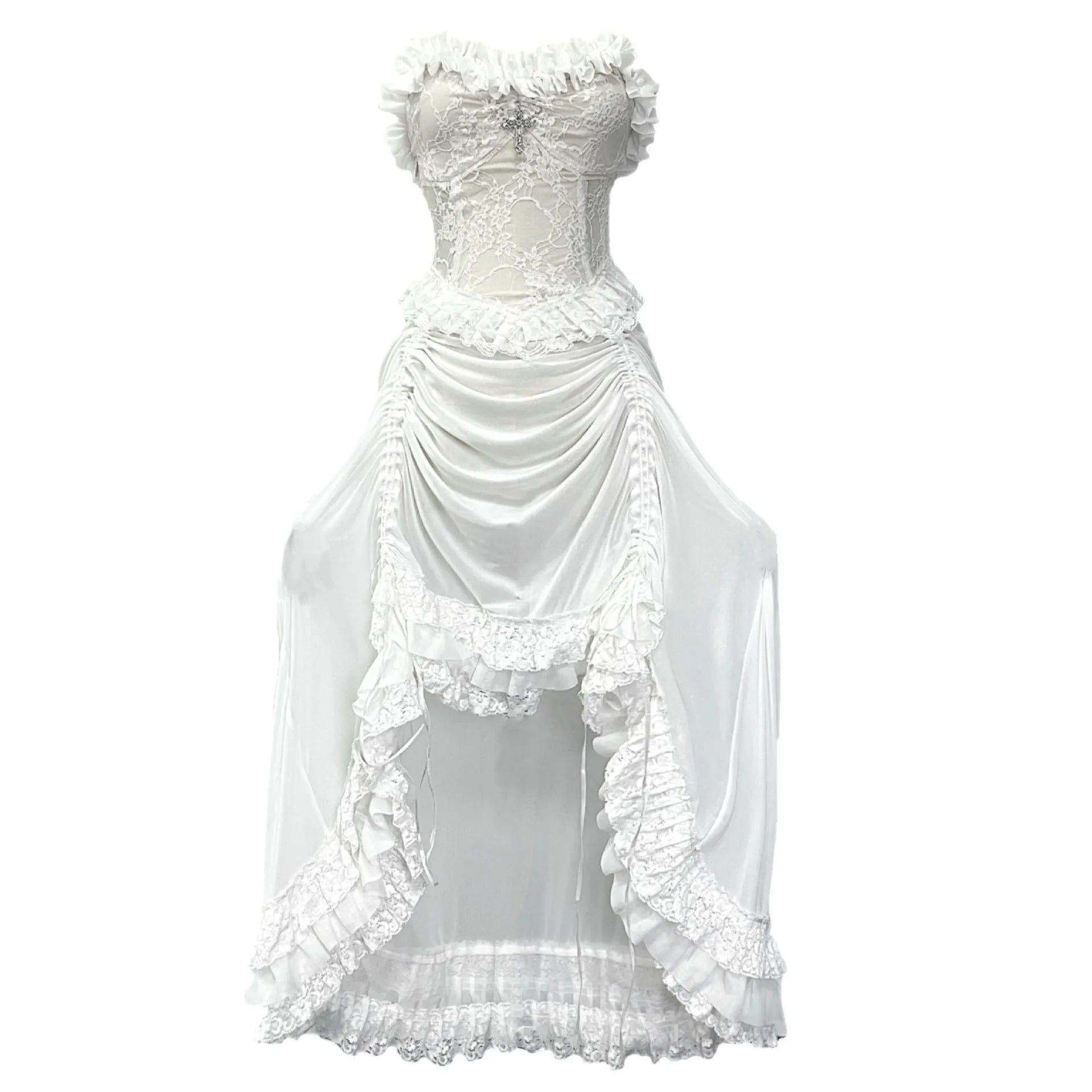 Chinese style white gothic drawstring mesh dress with dark straps and detached oversleeves on display