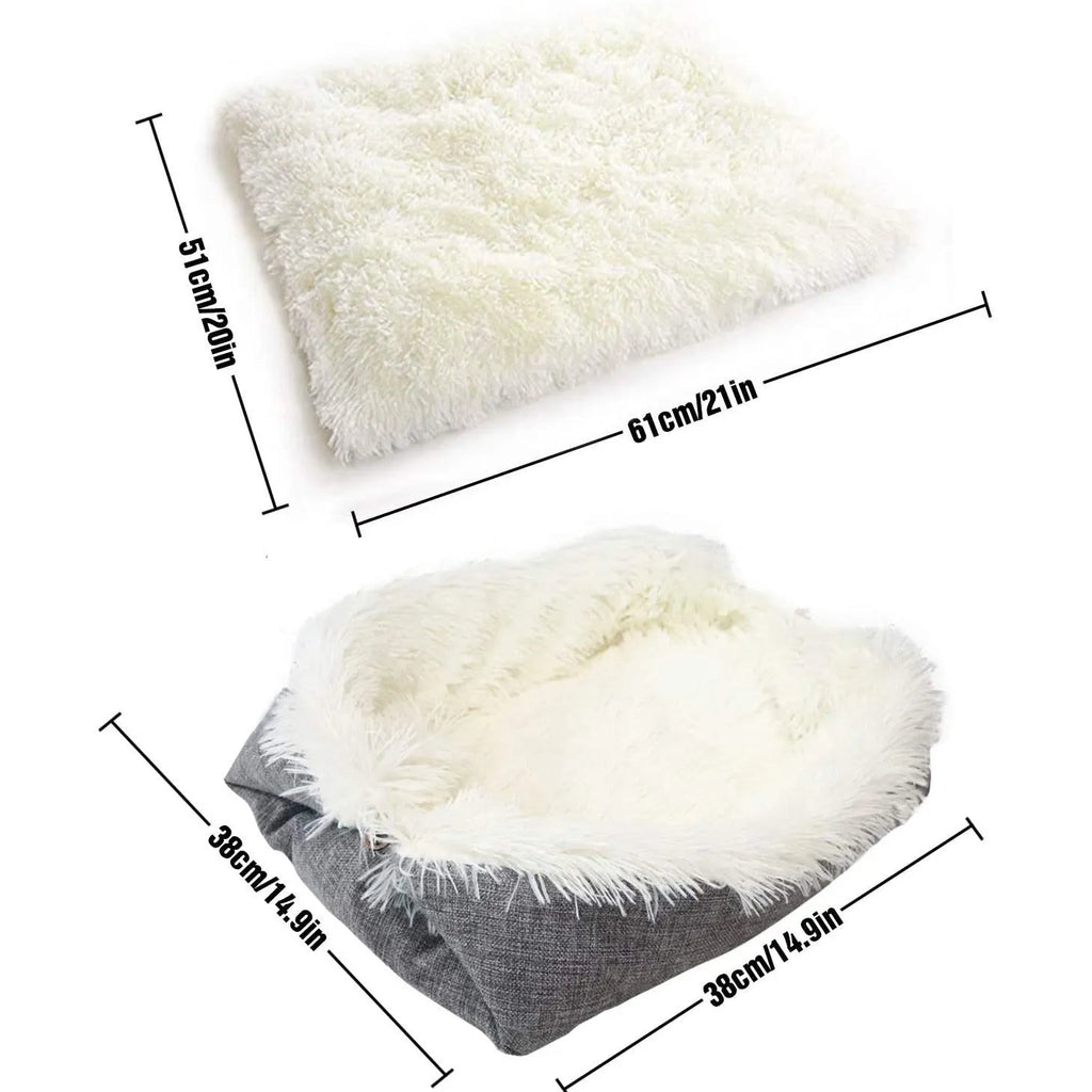 Grey fluffy pet sleeping pad for cats and dogs on a sofa, showing non-slip black bottom.