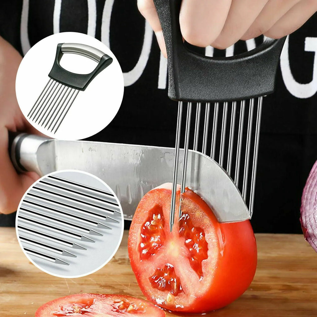 Stainless steel food slice assistant with onion holder and non-slip design