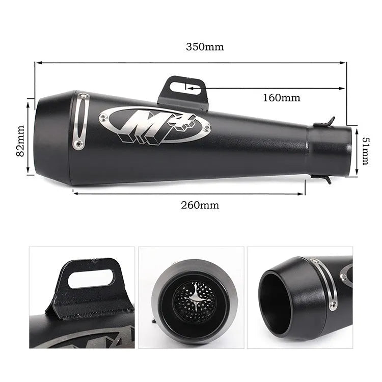 Universal M4 motorcycle exhaust pipe in multiple finish options including black, white steel, titanium and blue