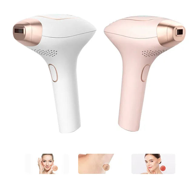 Pink and white three-in-one ice-sensing laser hair removal device with charging cable and accessories on a white background.