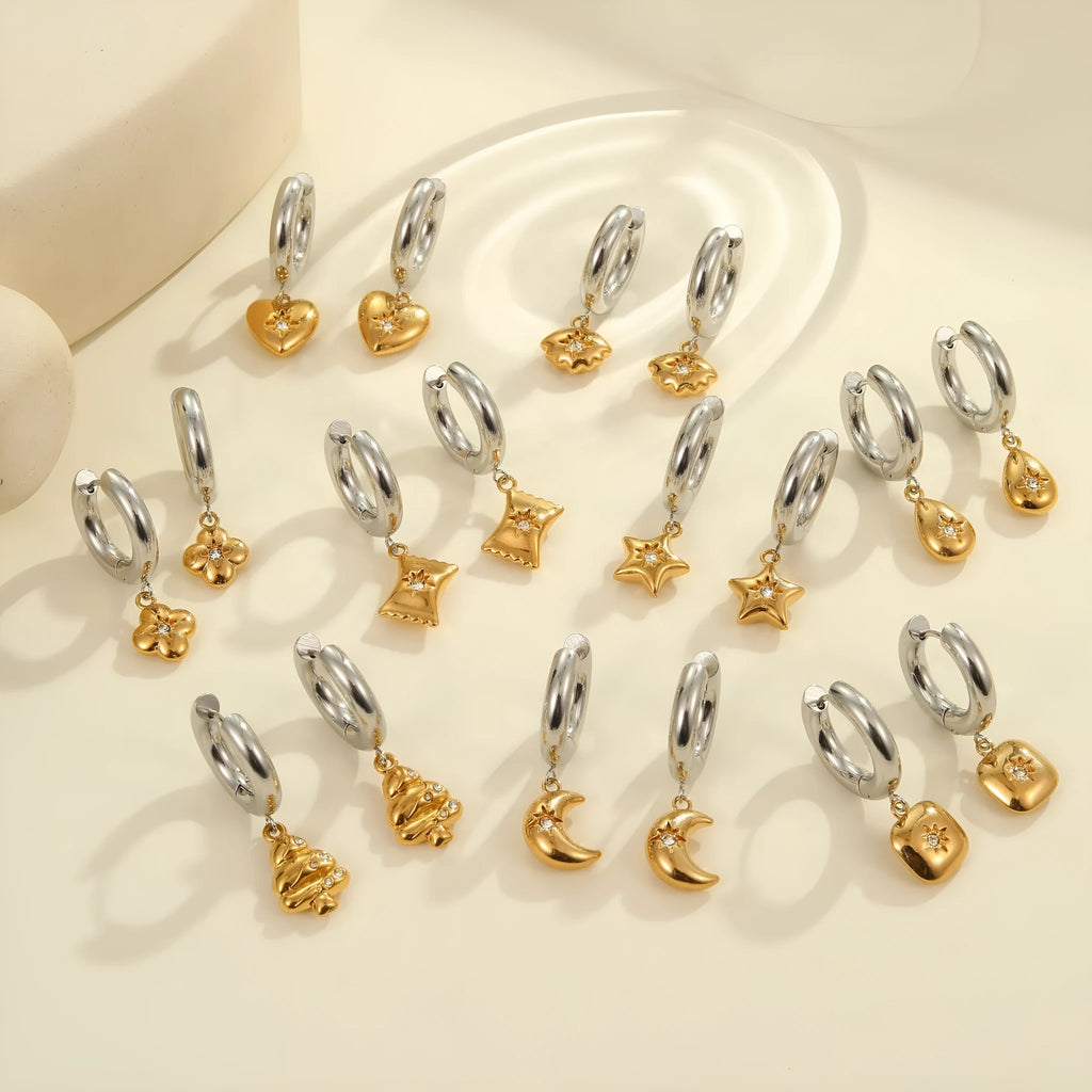 Women's stainless steel earrings with 18K gold electroplating in heart, star, and Christmas tree shapes