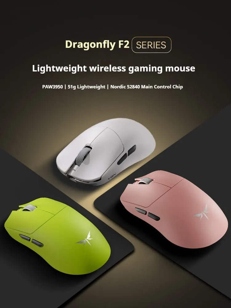 Wireless tri-mode gaming mouse in black, green, pink or white, F2 Pro Max or F2 Ultra style, with optional antislip pad