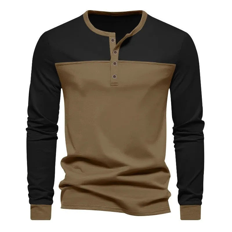 Man wearing a retro-style brown long-sleeve henley collar casual shirt.