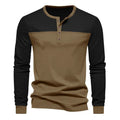 Man wearing a retro-style brown long-sleeve henley collar casual shirt.