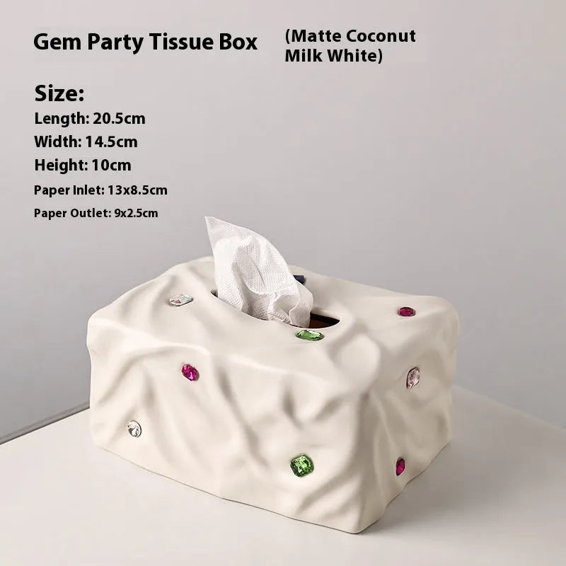 Ceramic tissue box with gem party design in matte coconut milk white or silver electroplated colour