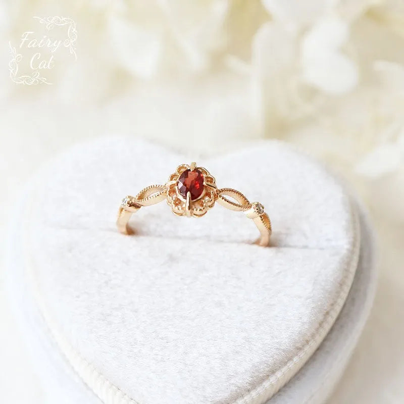 Natural garnet picture frame hollow lace flower ring in adjustable split ring copper with floral motifs