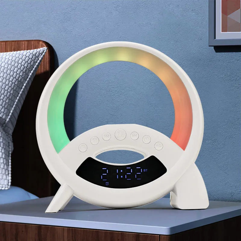 White USB digital alarm clock with night light and speaker showing alarm function and card slot