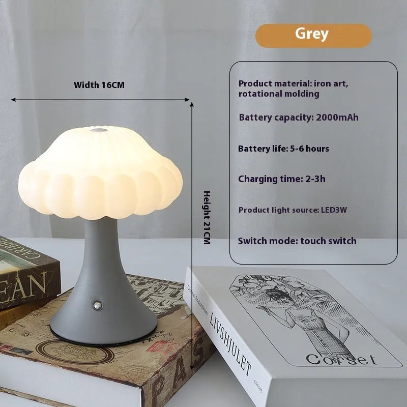 Modern creative mushroom-shaped touch night lamp in wood grain colour, 160mm wide.