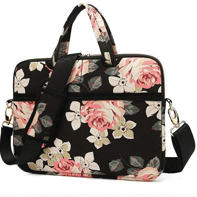 Canvas laptop sleeve shoulder bag 13-15 inch with striped print and plush lining