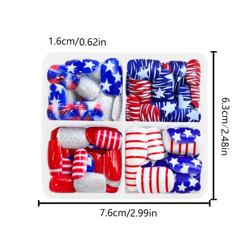 Set of red and blue glitter false nail tips in a short European square shape.