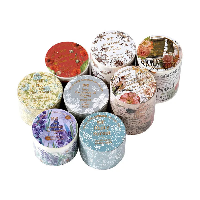 Japanese washi paper decorative adhesive tape roll with vintage floral watercolour design, showing 2 metre length and width options