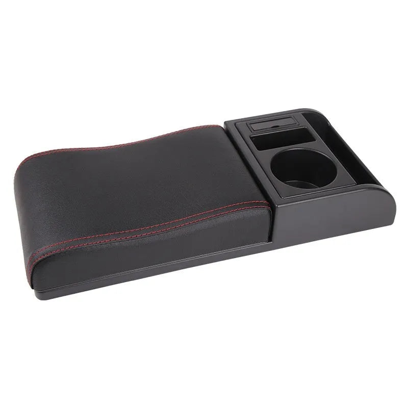 Universal car centre console armrest cover with height increase in black PU leather with red cord detailing