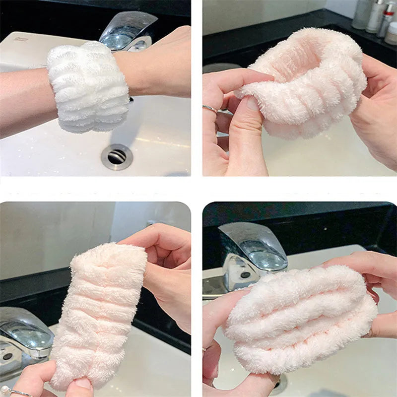 Coral velvet wrist washband in white, pink, light blue, grey, or lavender for face washing