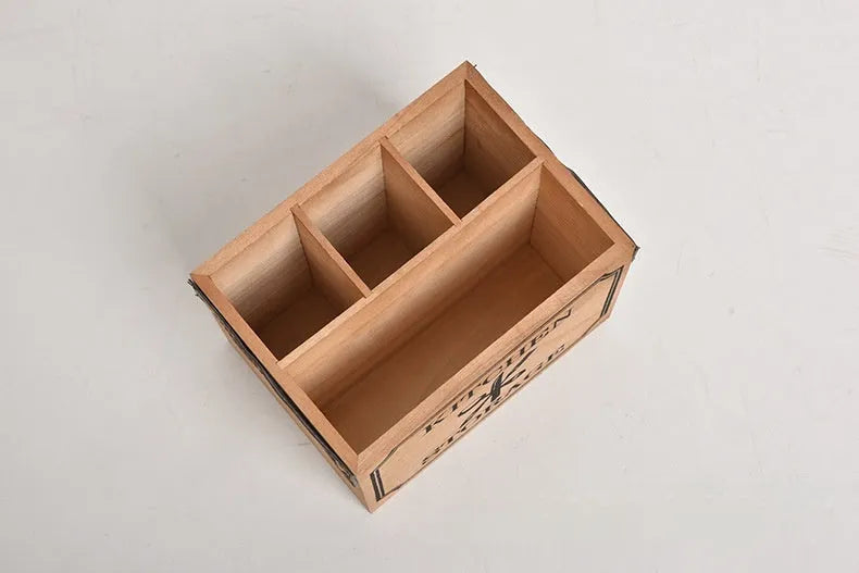 Wooden kitchen storage box for knives forks chopsticks with internal divider grid