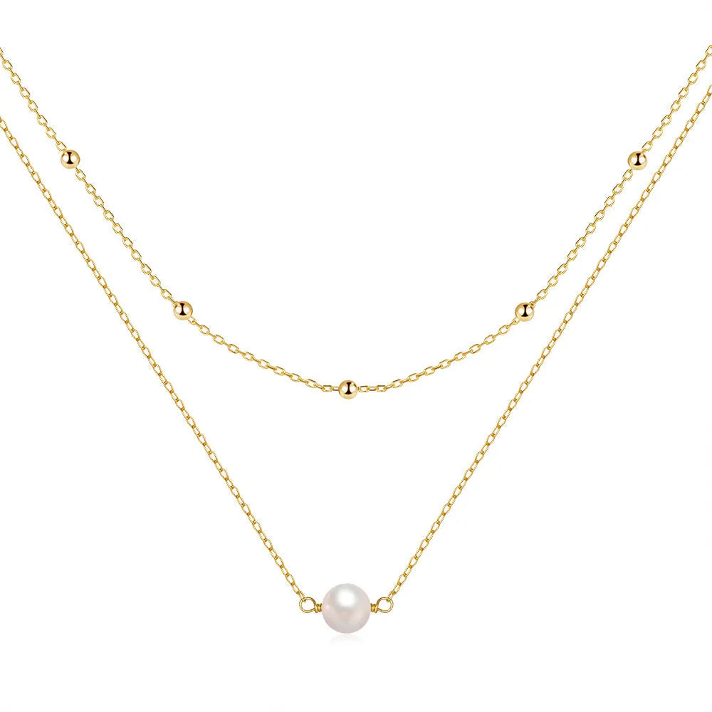 S925 sterling silver double layer women's necklace with geometric pearl pendant in gold or white gold.