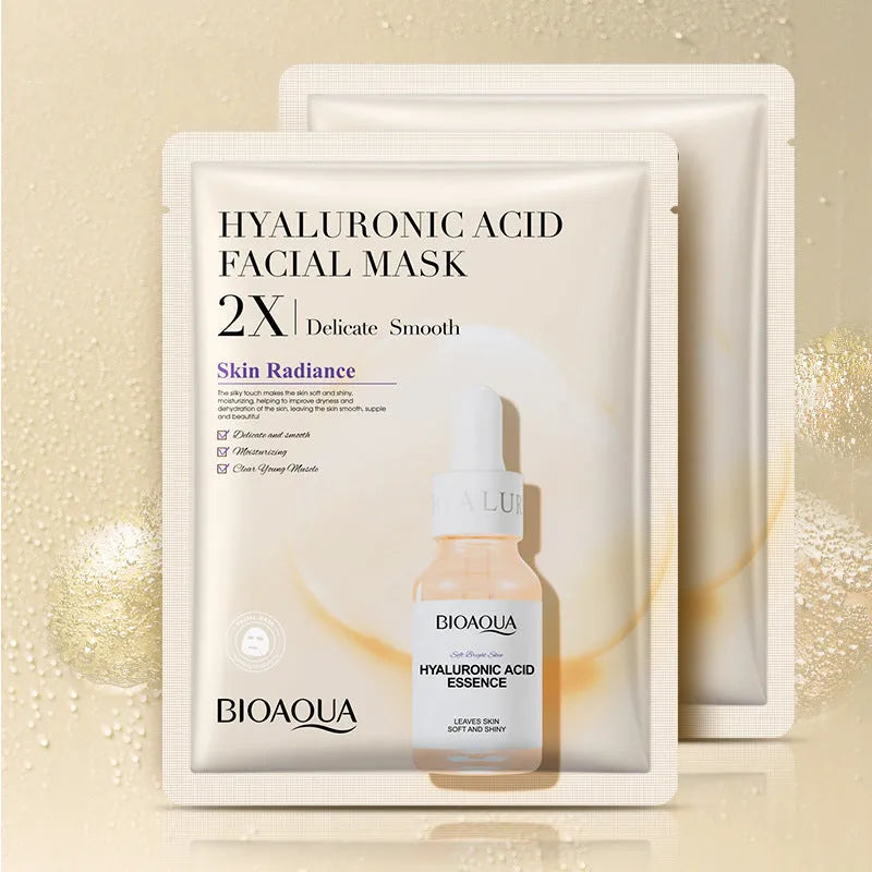 Single-use 30g gel facial sheet mask with hyaluronic acid and collagen.